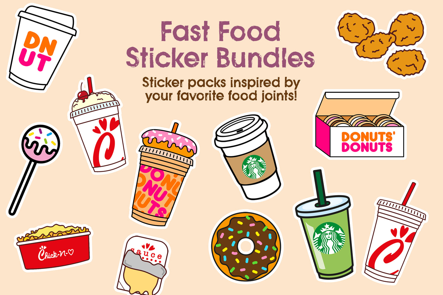 Fast Food Sticker Packs | Coffee, Donuts, Chicken